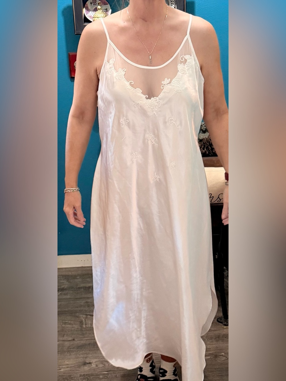 Cato Ivory Satin Slip with Floral Lace Yoke